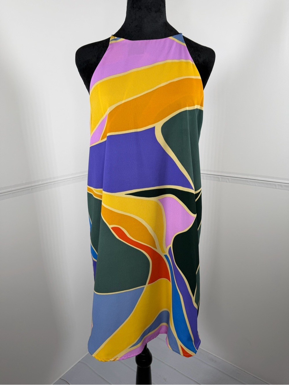 Tyche Abstract Print Halter Shift Dress Size Medium Colorblock Sleeveless